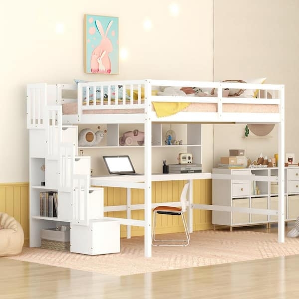 Loft Bed: Integrated Workstation Full Size Storage Loft Bed