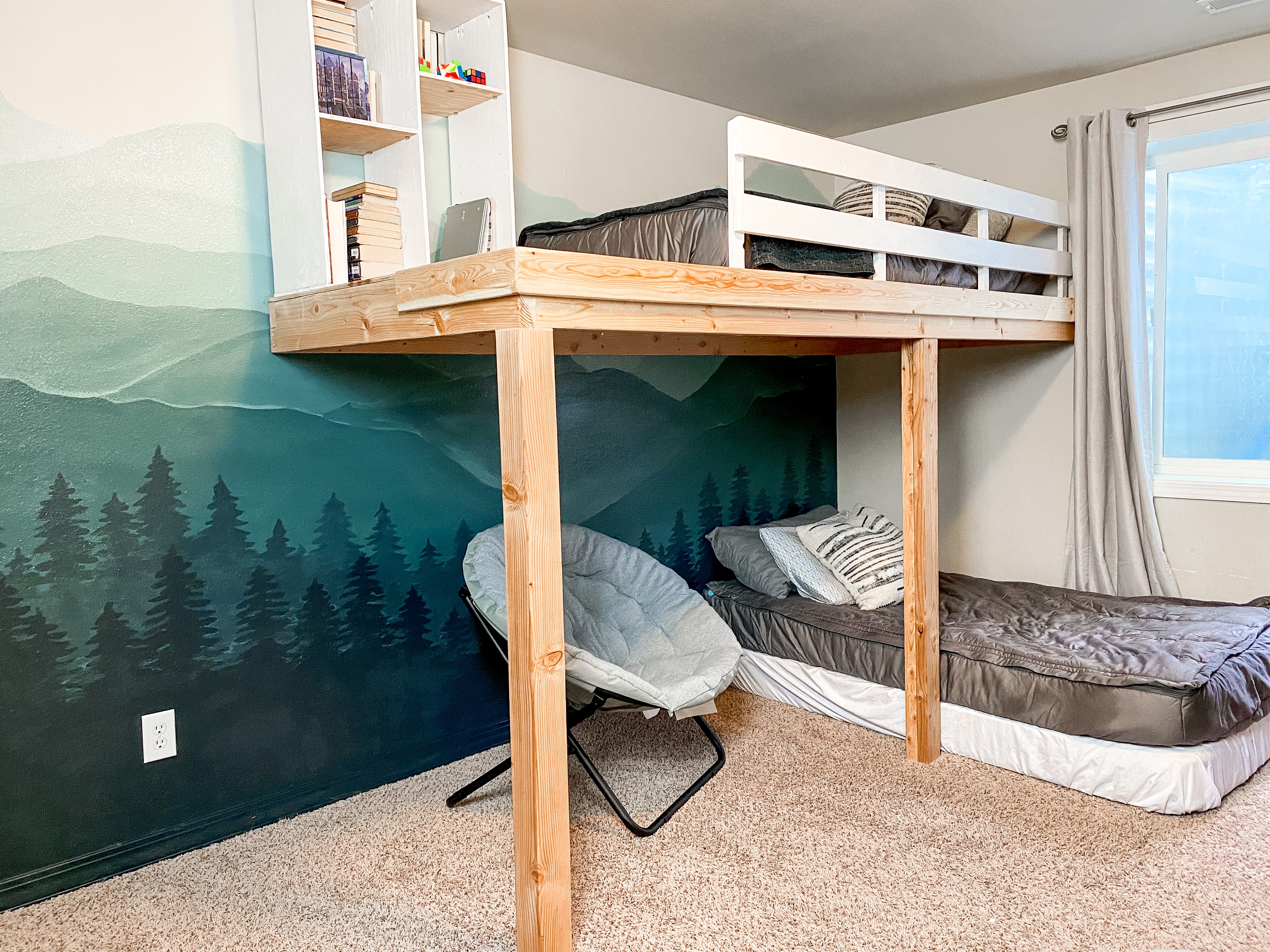 Loft Bed Mountain Mural Backdrop Raw Wood Beams Nook