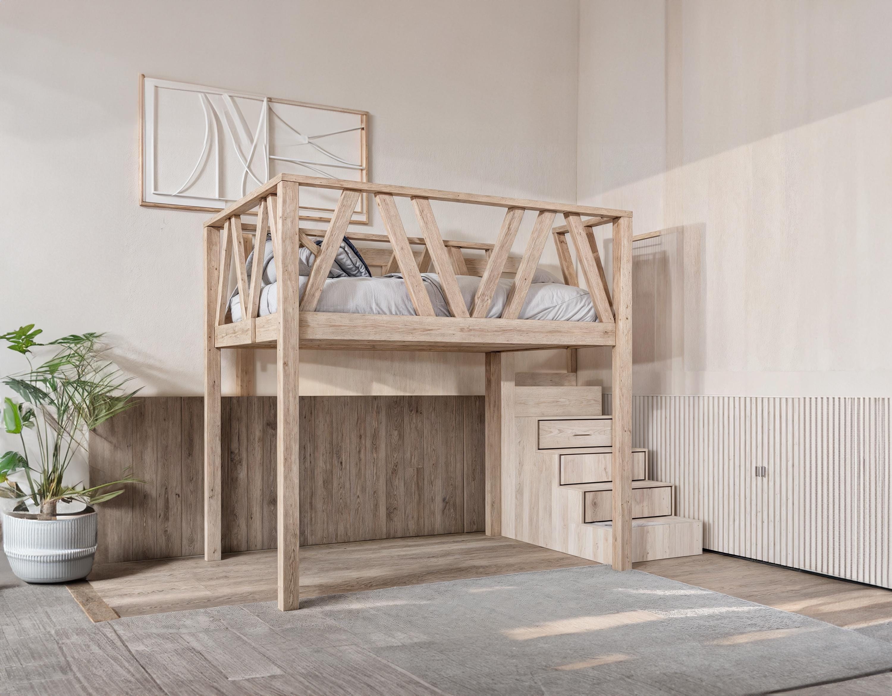 Loft Bed: Queen Size Geometric Railing Queen Size Loft Bed