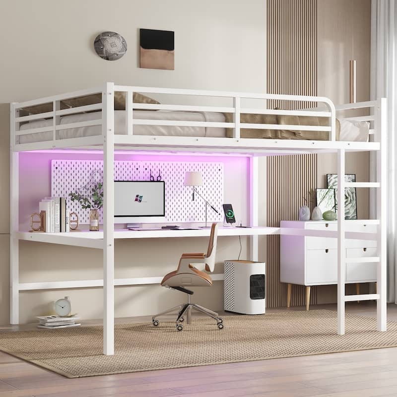 Loft Bed Queen Size LED Lighted Pegboard Desk Station