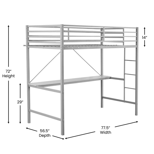 Loft Bed Silver Metal 72 Inch Height Guardrail Desk