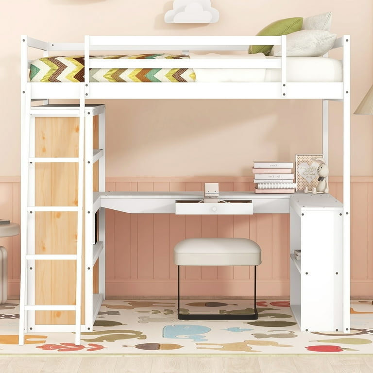 Loft Bed Storage Shelving Workstation Painted Wood Bed