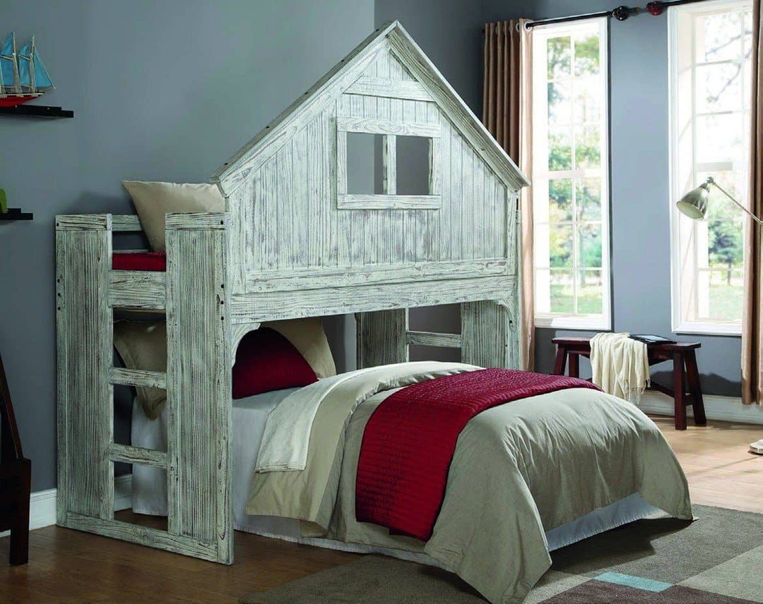 Loft Bed: Treehouse Facade & Distressed Wood Bunk Bed