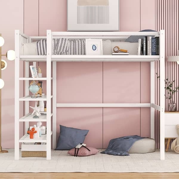 Loft Bed White Metal Grid Mesh Guardrail Storage Ladder