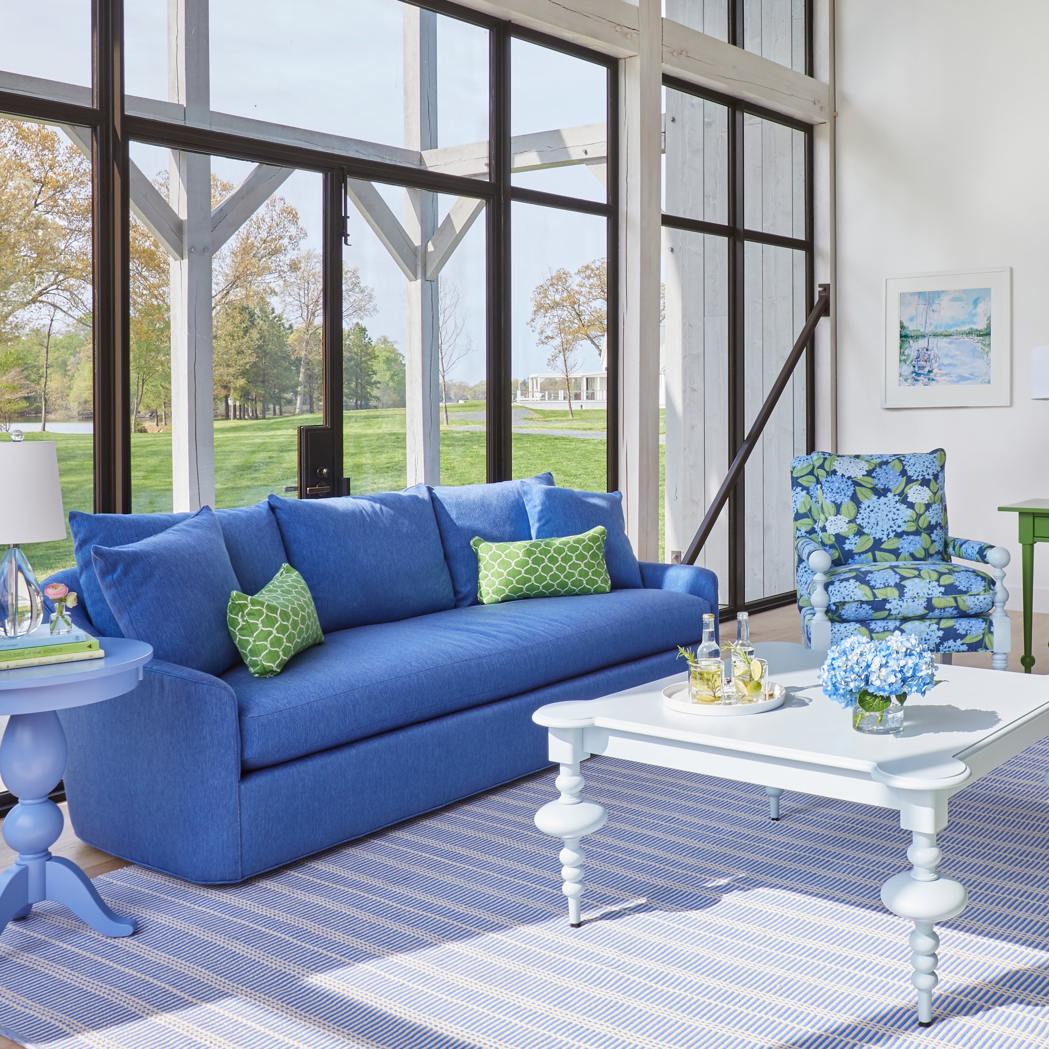 Long Sofa Cerulean Blue Spindle Legs Hydrangea Print