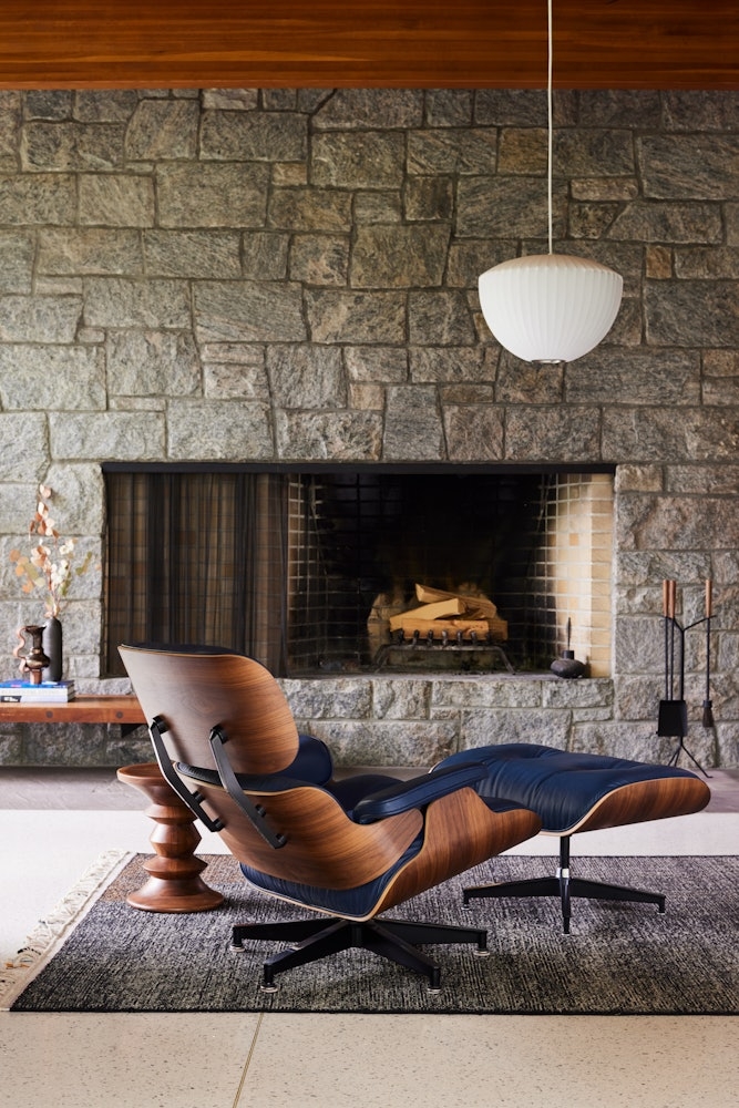 Lounge Chair And Ottoman In Navy Blue With Plywood Shells
