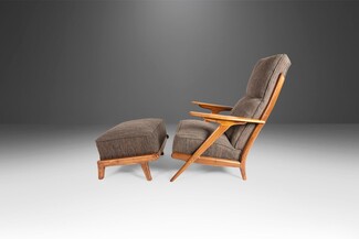 Lounge Chair Angular Arms Sculptural Wood Frame High Back Grey