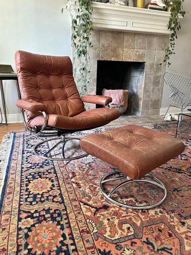 Lounge Chair Circular Chrome Base Distressed Cognac Tufted Seat