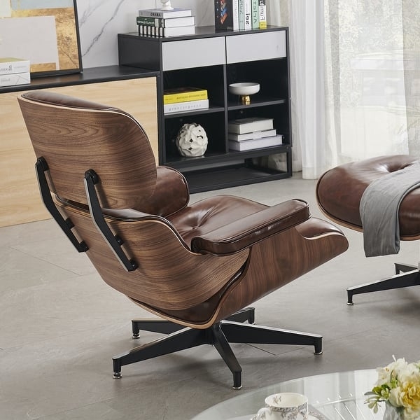 Lounge Chair Curved Plywood Shell Button Tufted Walnut Swivel Seat