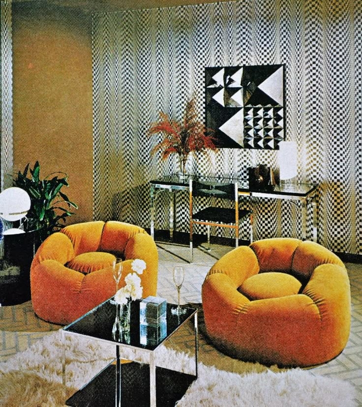 Lounge Chair Featuring Op Art Wallpaper and Rounded Silhouette