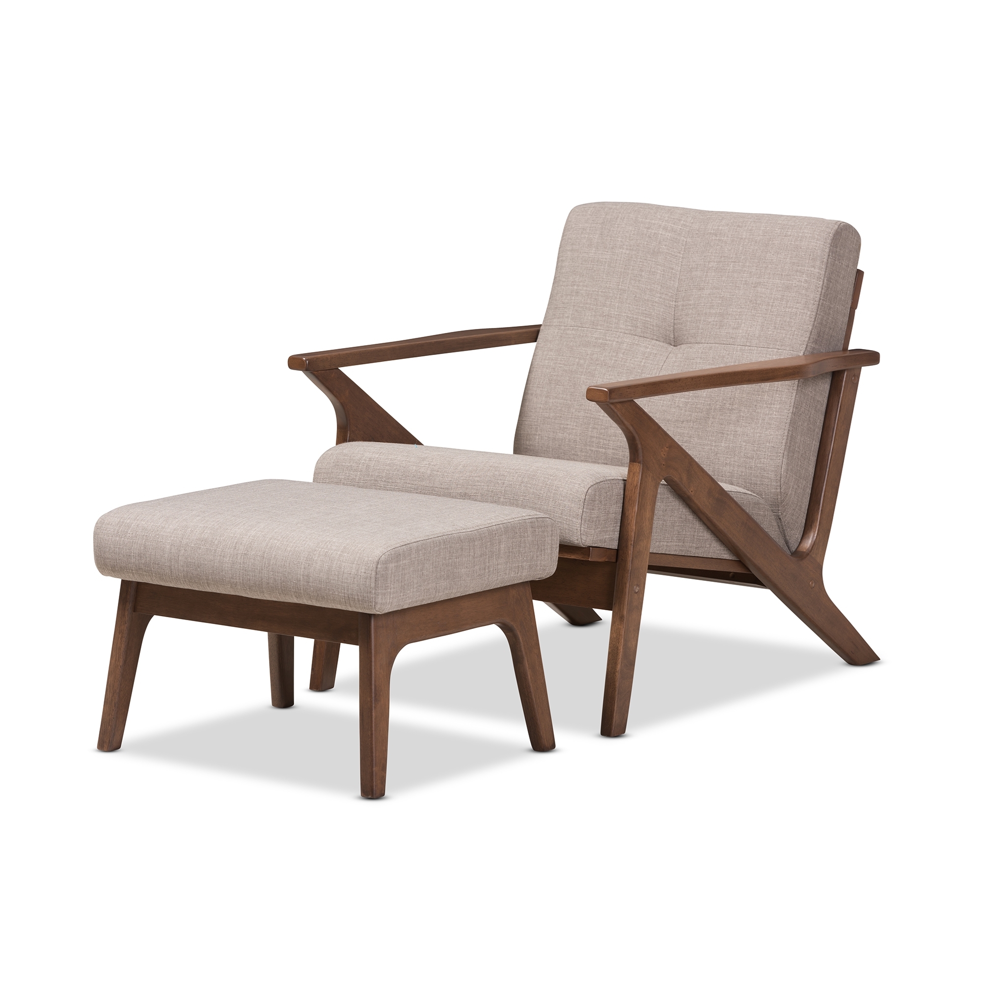 Lounge Chair Ottoman Angular Arms Walnut Wood Frame Light Grey