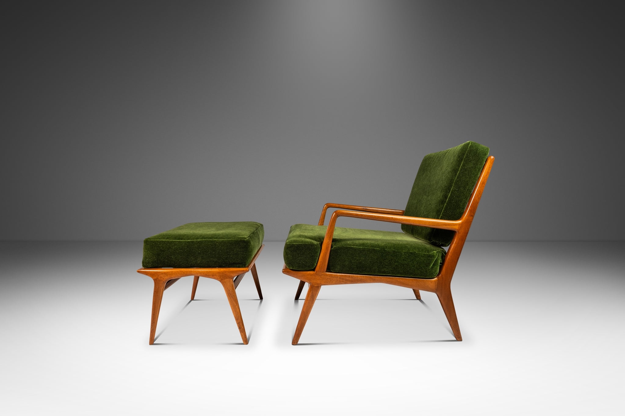 Lounge Chair Ottoman Featuring Sculpted Walnut and Green Mohair