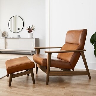 Lounge Chair Ottoman In Cognac Leather With Angled Wood Arms