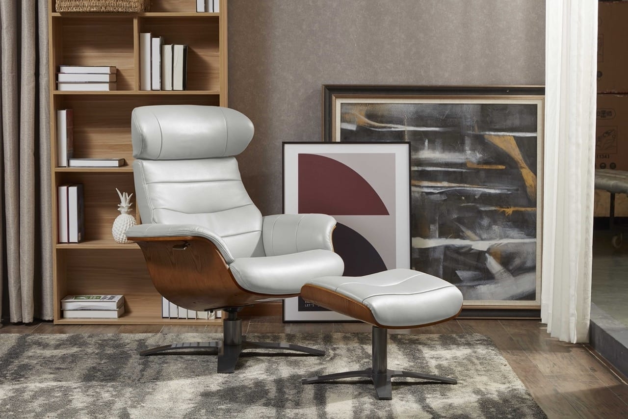 Lounge Chair Ottoman Light Grey Channeled Upholstery Walnut Shell