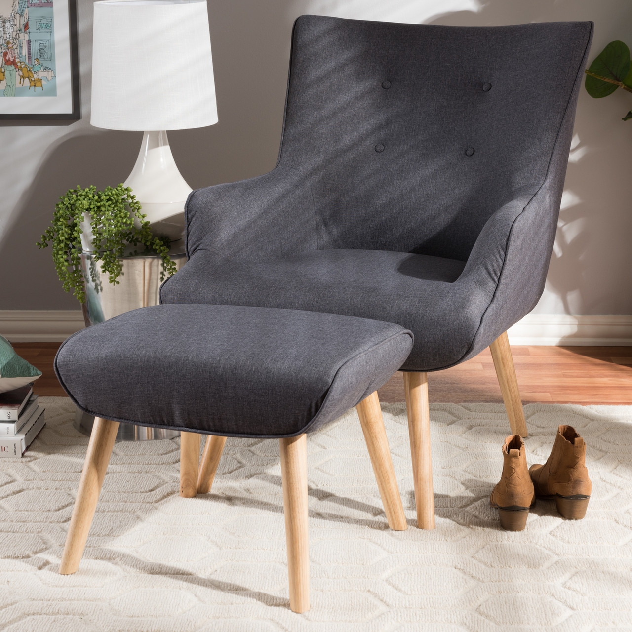 Lounge Chair Ottoman Set In Charcoal Grey With Button Tufting