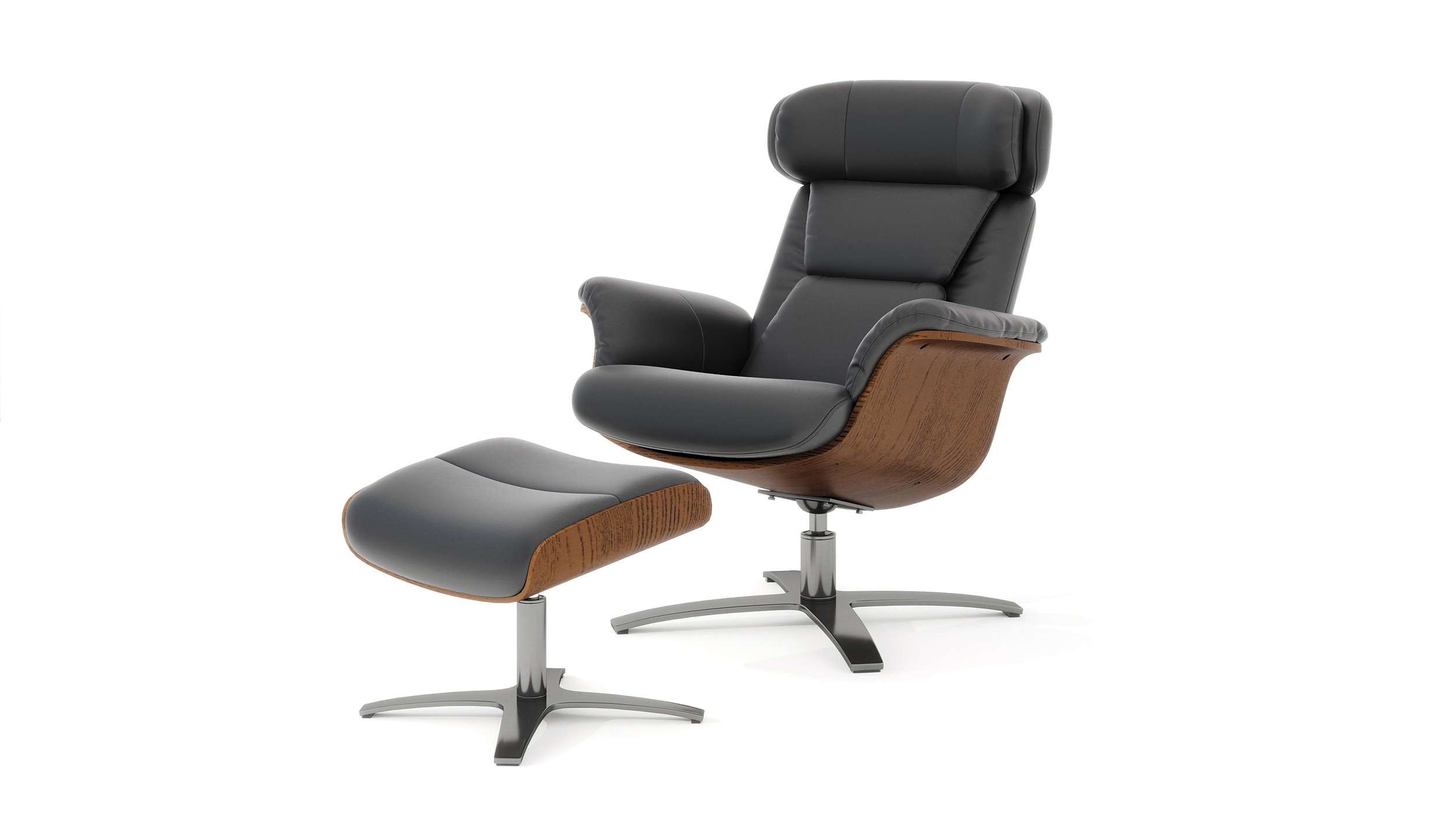 Lounge Chair Ottoman Set with Shadow Gray Leather and Walnut Shell