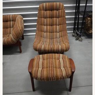 Lounge Chair Ottoman With Earth Tone Striped Upholstery