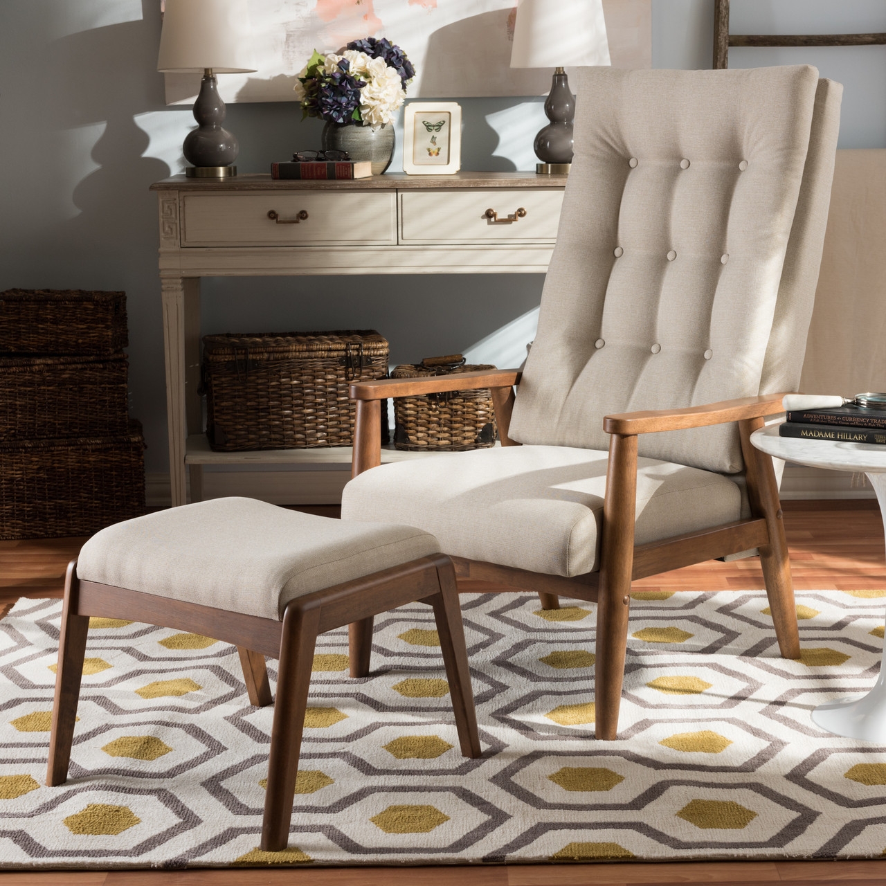 Lounge Chair Set Button Tufted Back Wood Frame High Back