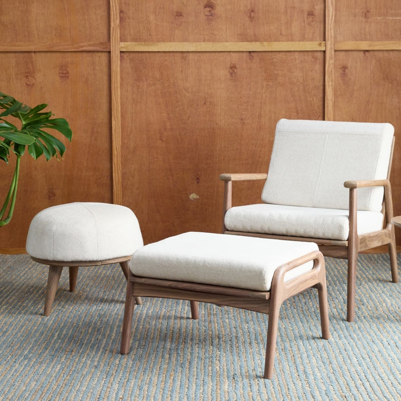 Lounge Chair Set Cream Boucle Texture Walnut Frame Tapered Legs