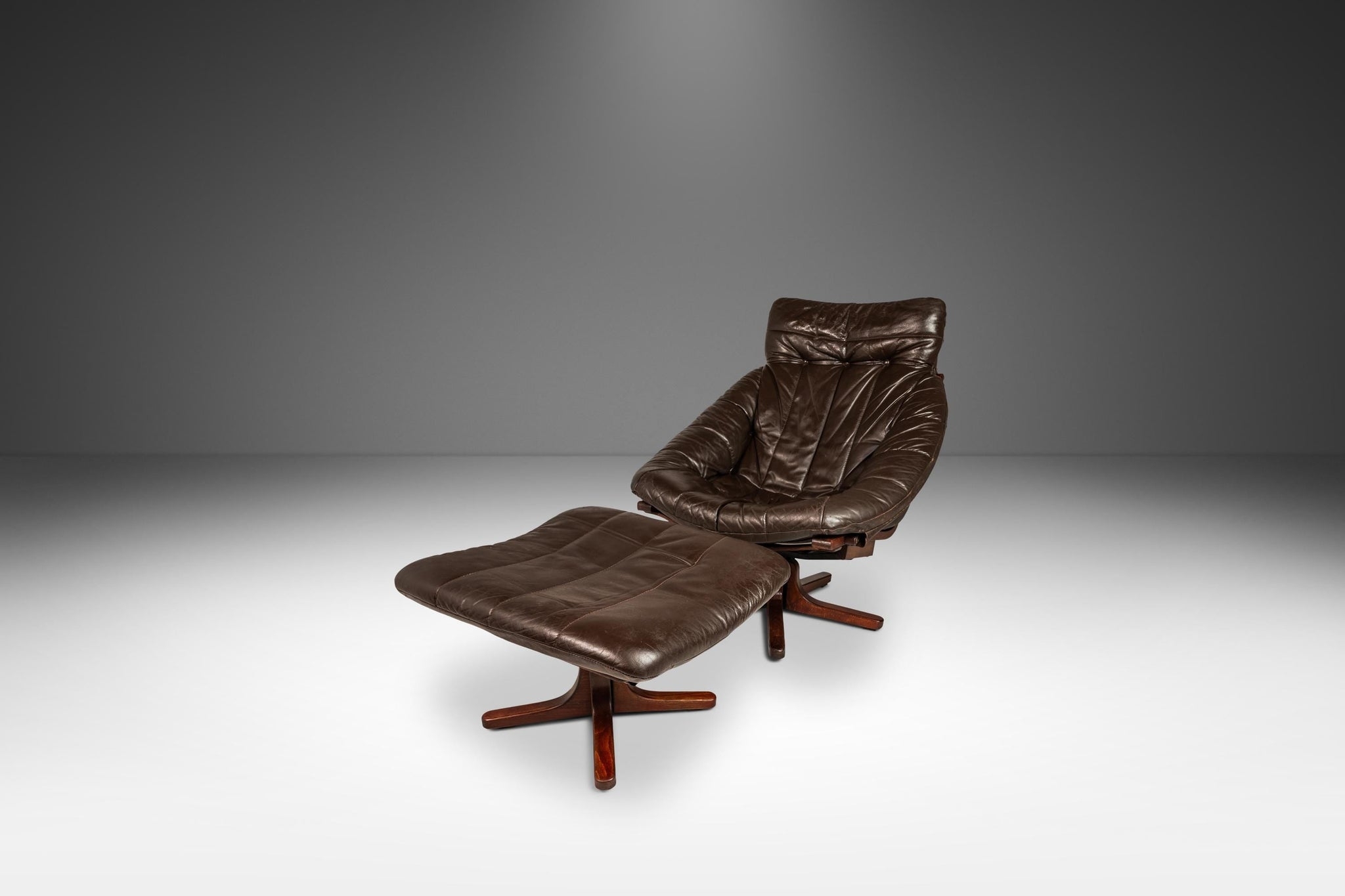 Lounge Chair Set Espresso Leather Channel Stitching Swivel Base