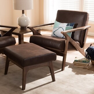 Lounge Chair Set With Angular Arms In Walnut Brown Leather
