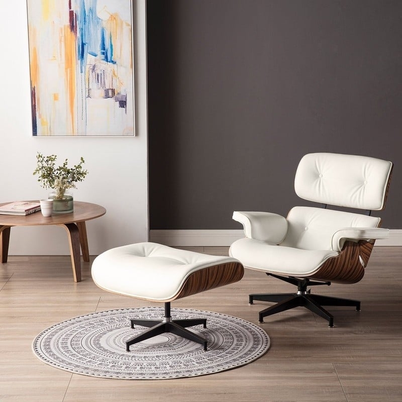 Lounge Chair With Bentwood Shell and White Leather Swivel