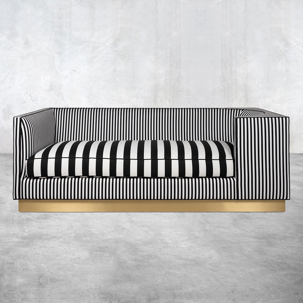 Loveseat Asymmetrical Block Arm Gold Plinth Base Stripe