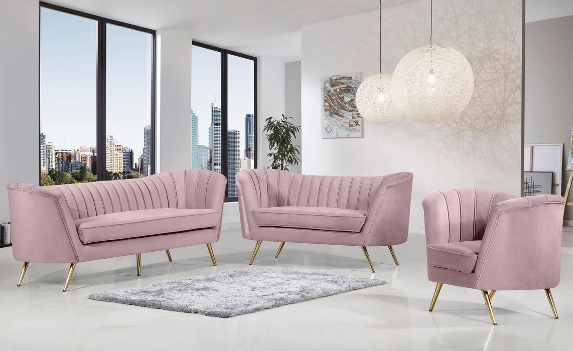 Loveseat Scalloped Back and Angled Gold Legs in Pink Velvet