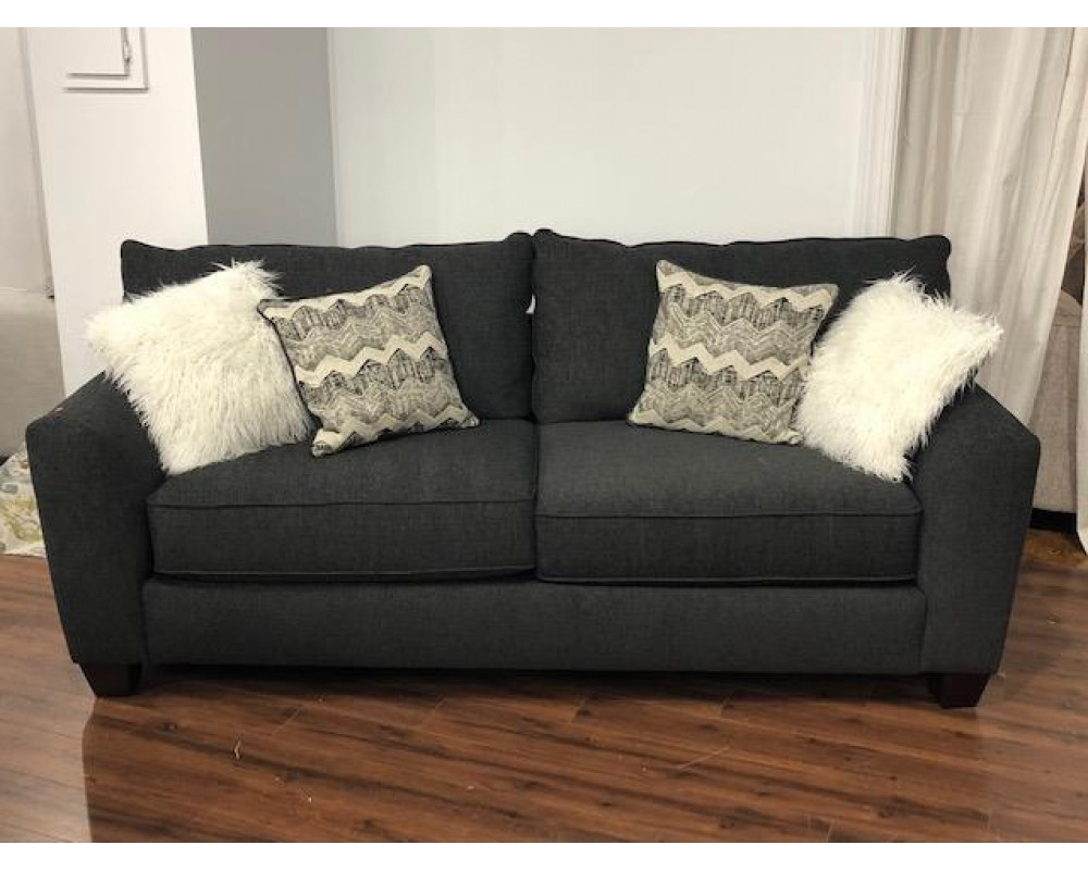 Loveseat with Faux Fur Pillows in Deep Gray Woven Fabric