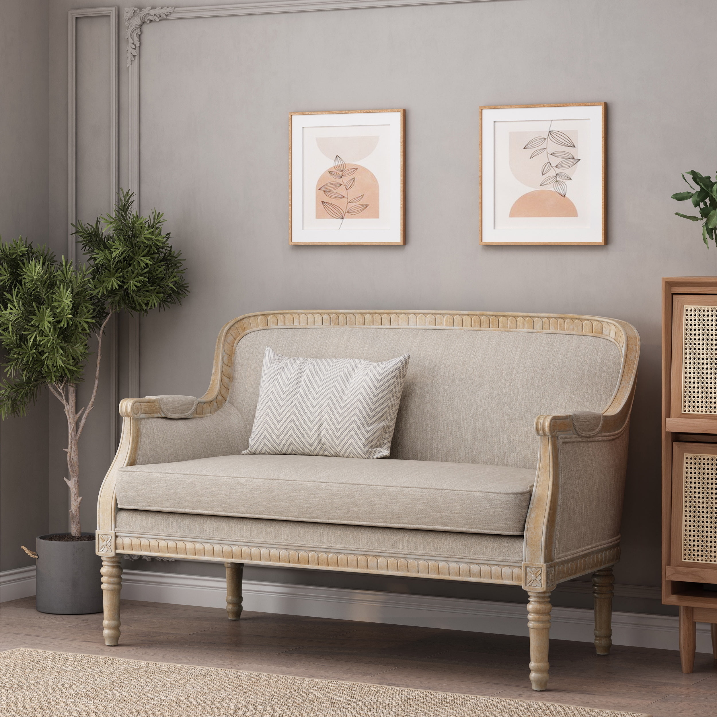 Loveseat with Fluted Legs and Scrolled Arms in Natural Wood