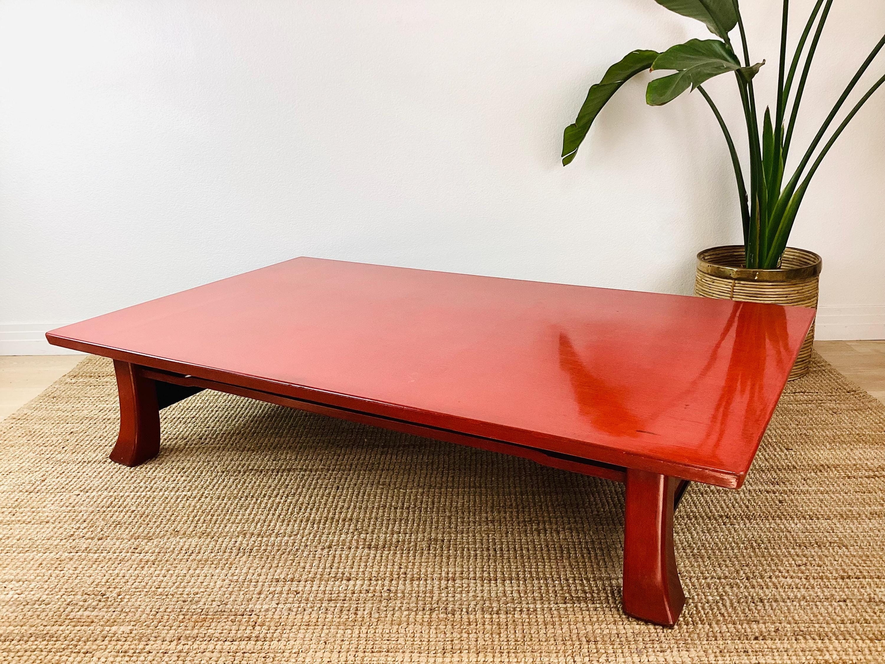 Low Table in Vermilion Red Lacquer with Curved Legs
