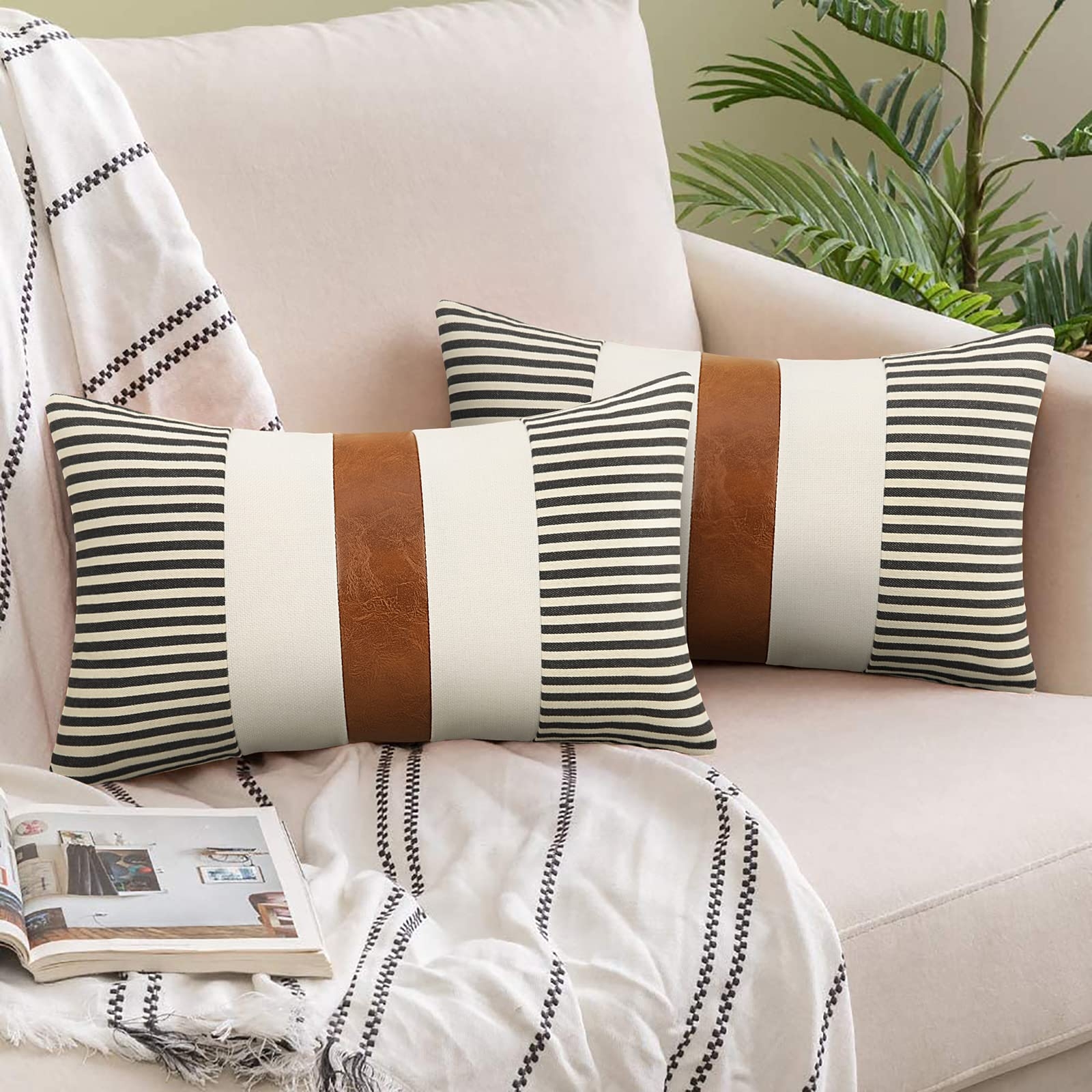 Lumbar Pillow: Leather Like Center Band Tri Panel Stripes