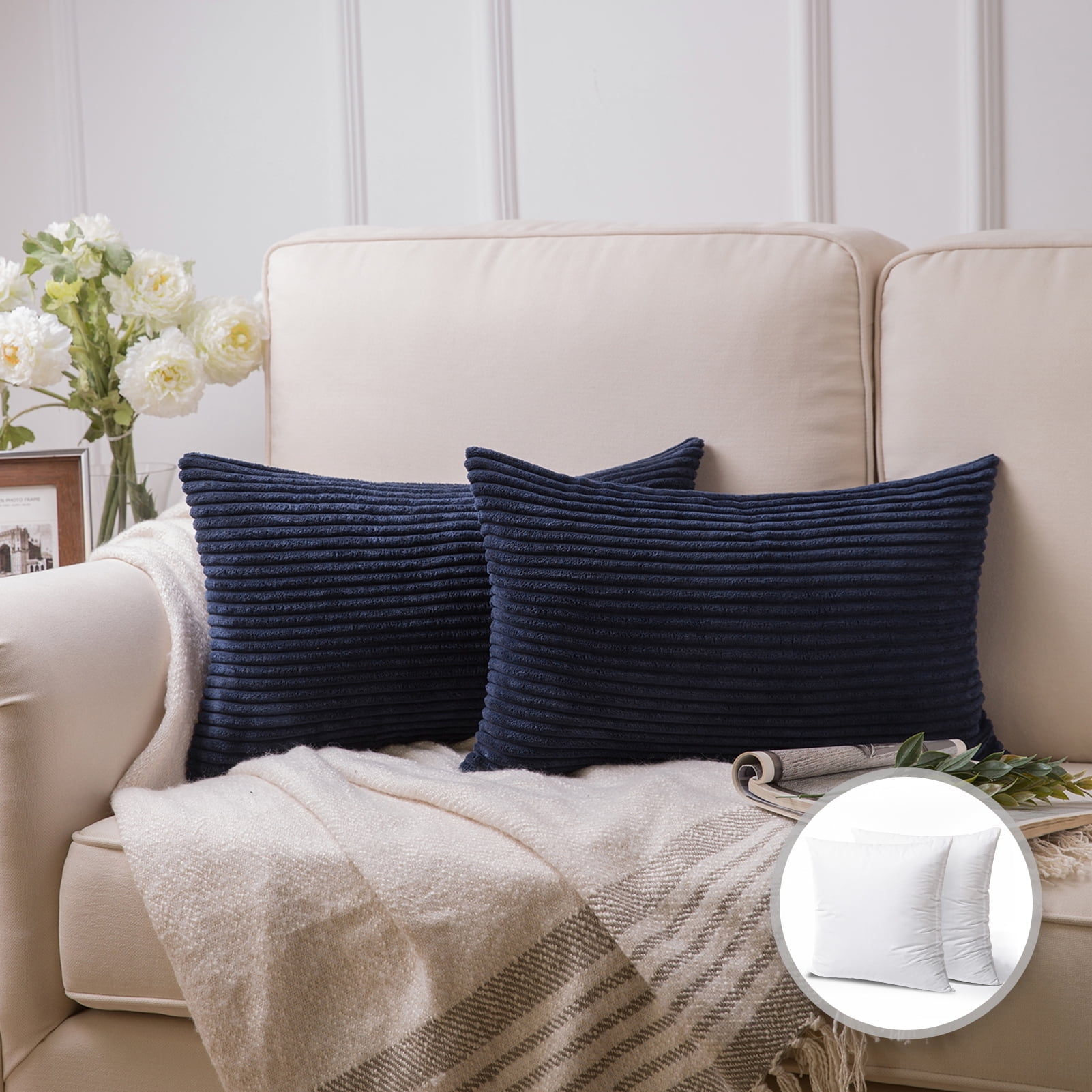 Lumbar Pillow Ribbed Corduroy Rectangular Navy Cushions