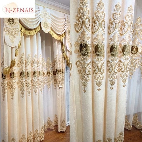 Luxury Curtains: Ivory Gold Fringe Valance Damask Embroidery