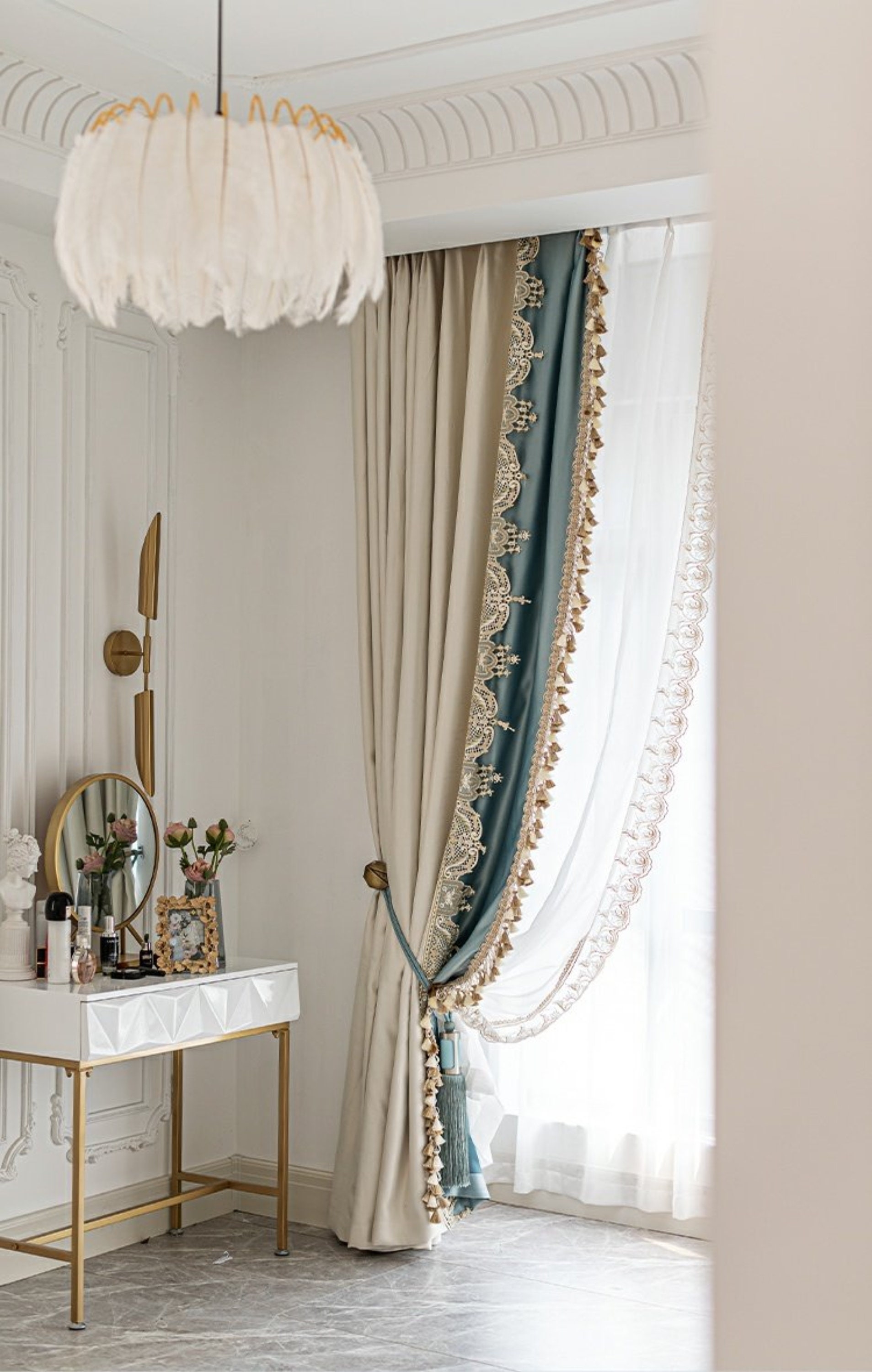 Luxury Curtains: Lace Border Dusty Teal Layered Bedroom Drapes