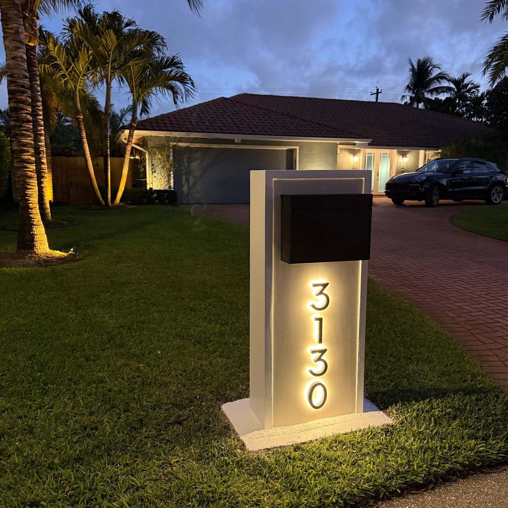 Mailbox: LED Backlit Pillar Base with Vertical Modern Numbering