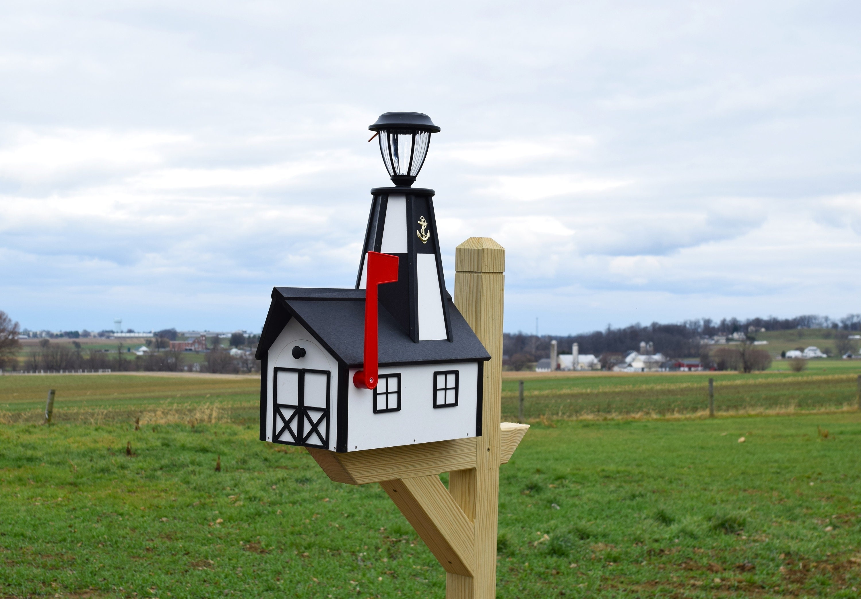 Mailbox: Lighthouse Silhouette Amish Style with Solar Powered Cap