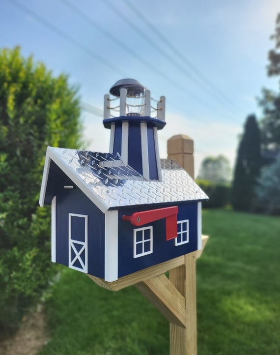 Mailbox Navy Blue Poly Diamond Plate Roof Nautical Curb Appeal