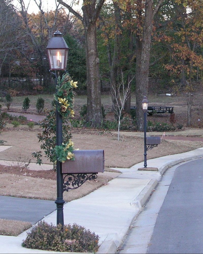 Mailbox Post: Aged Copper Finish and Gas Style Flame Lantern