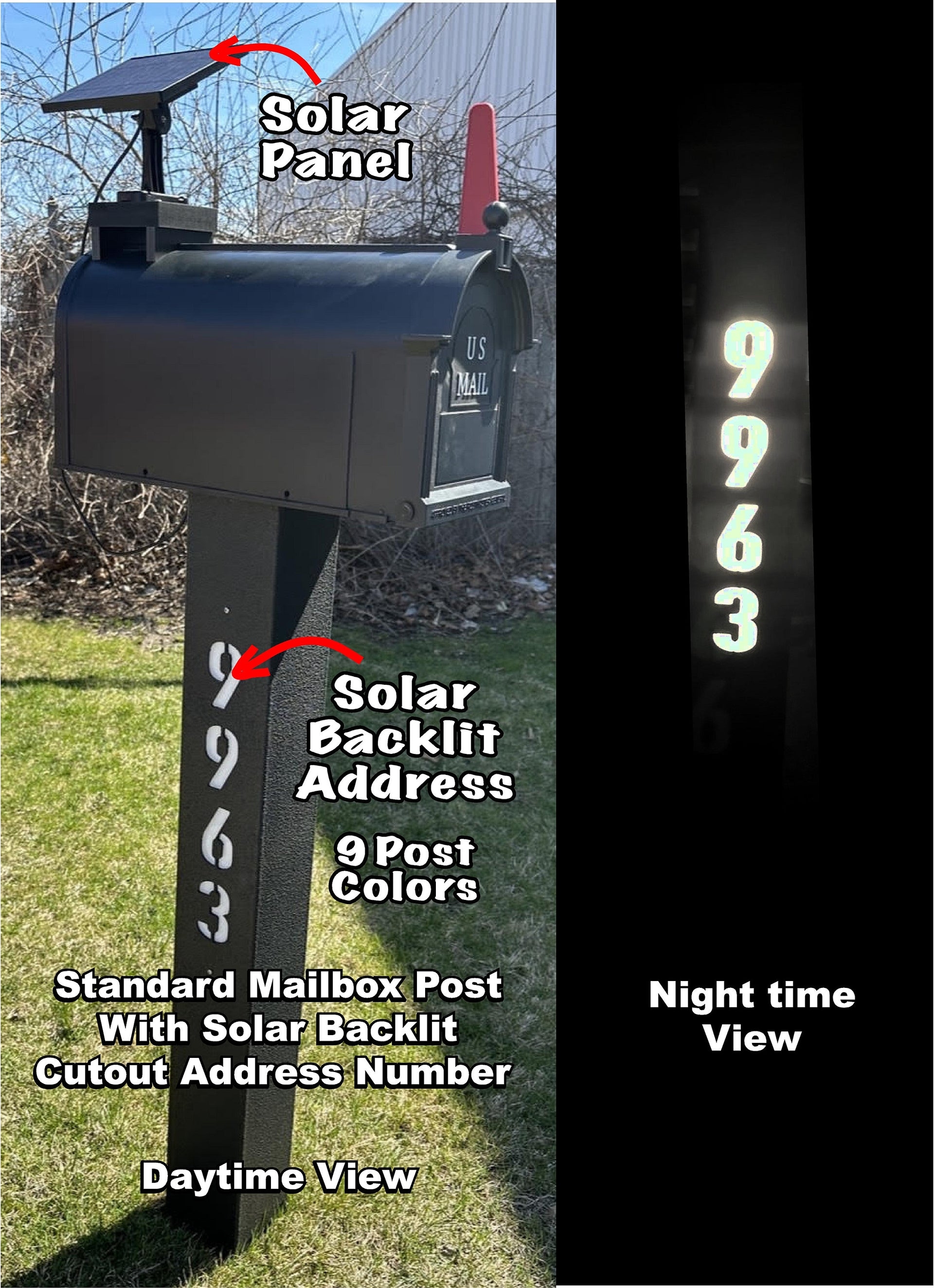 Mailbox Post: Solar Backlit Cutout Numbers on Textured Black Metal