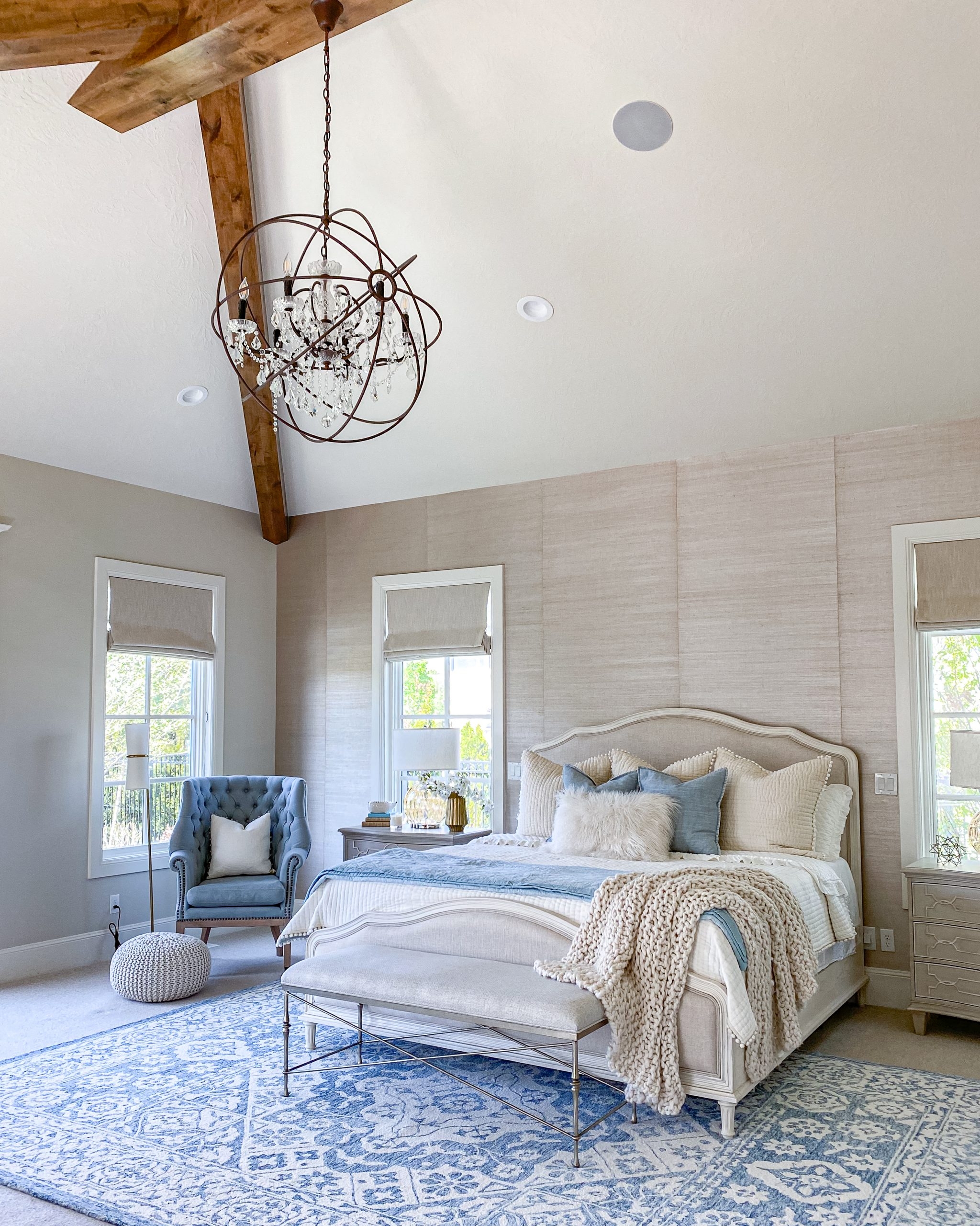Master Bedroom Orb Crystal Chandelier Grasscloth Wall