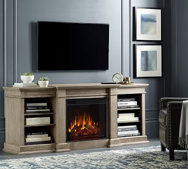 Media Cabinet Fireplace with Distressed Gray and Open Shelving