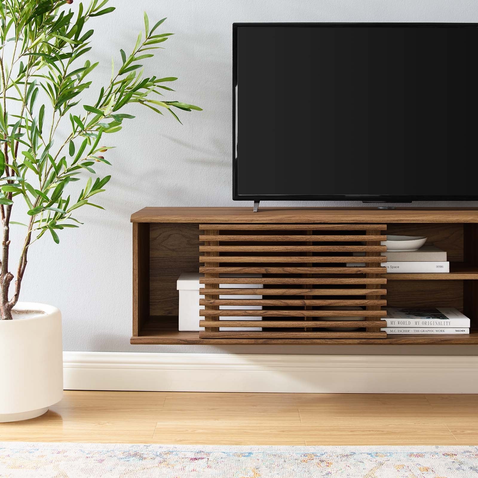 Media Console with Slatted Sliding Door Media Shelf