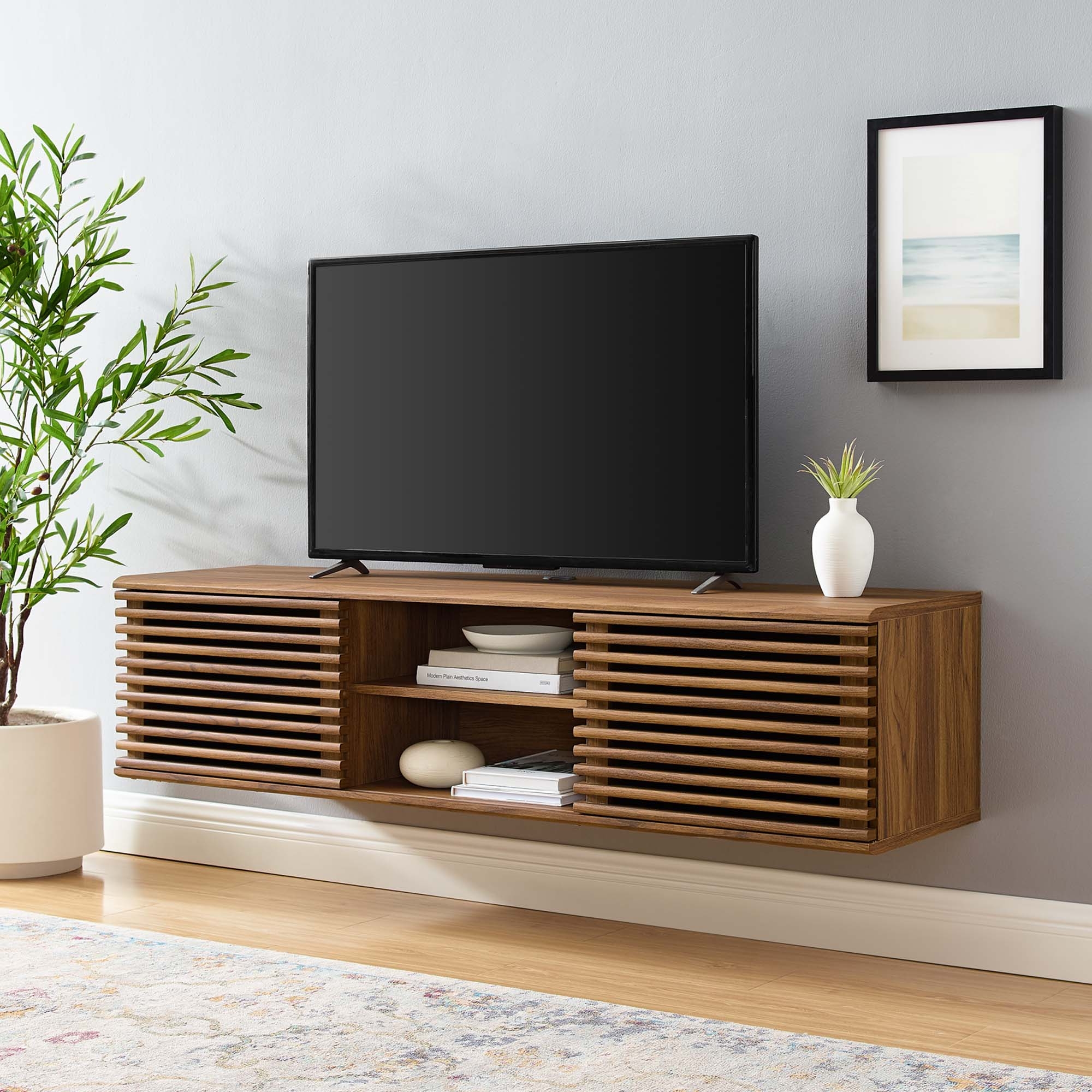 Media Console with Slatted Wood Doors and Warm Brown