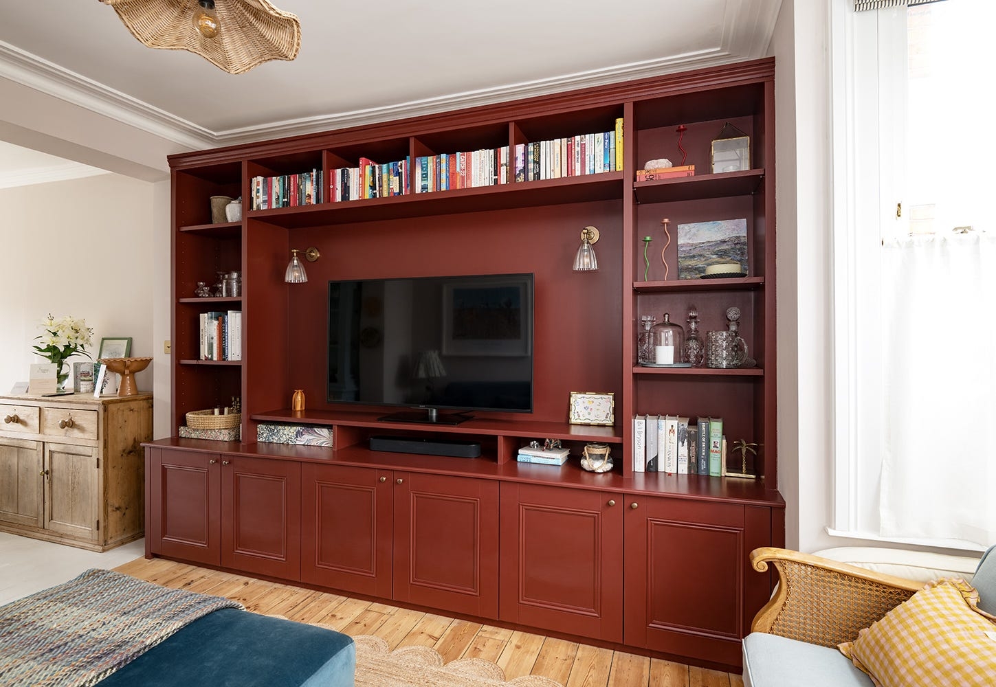 Media Wall Deep Burgundy Finish Integrated Lighting