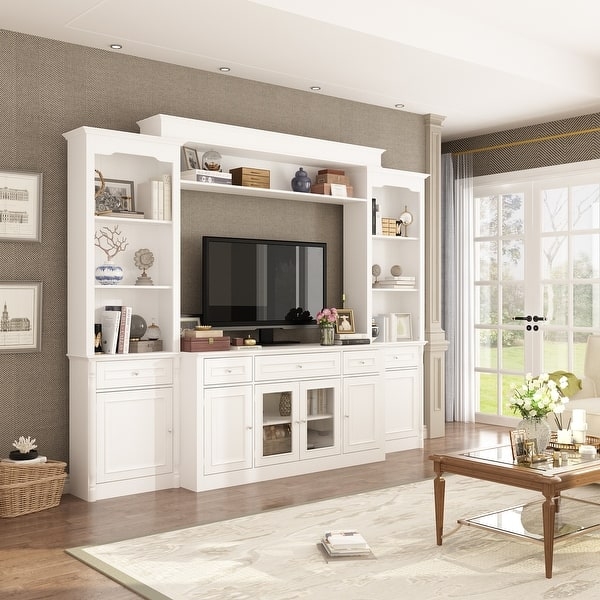 Media Wall Unit Bridge Shelf Glass Front Doors White