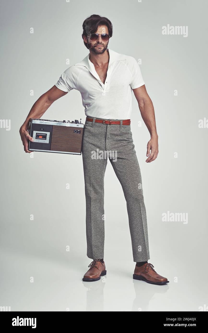Men Retro Apparel with Heather Grey Speckled Trousers: 70s Mood