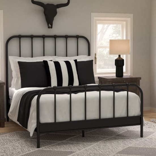 Metal Bed Frame with Spindle Arched Headboard and Matte Black
