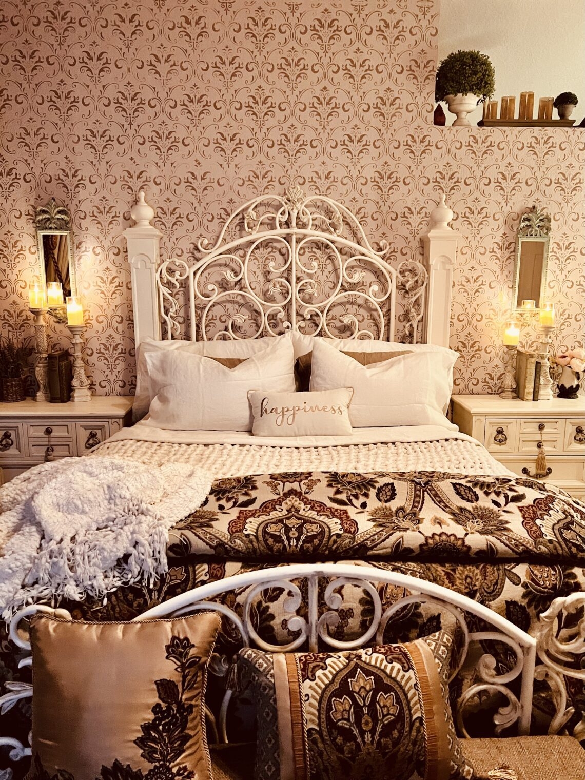 Metal Bed Scrolled Metal Work Damask Wallpaper Style