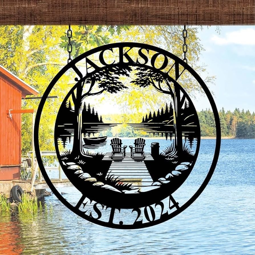 Metal Wall Art Circular Silhouette Personalized Lake House Sign